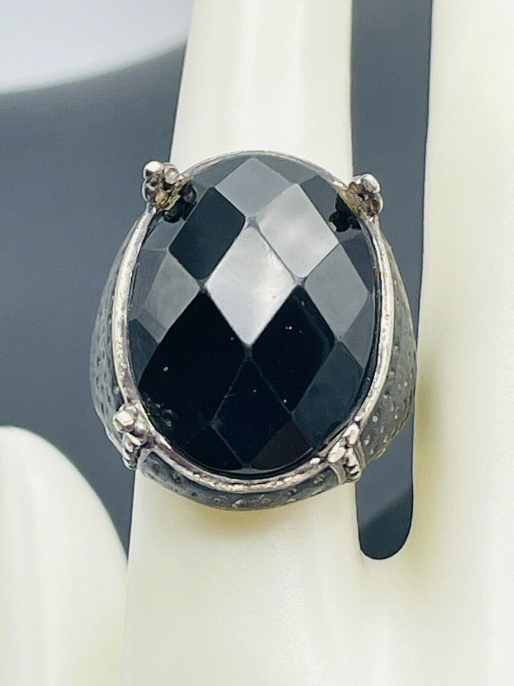 Sterling Silver Leather Checkerboard Cut Obsidian Ring 925CFJ Thailand Sz 8 READ